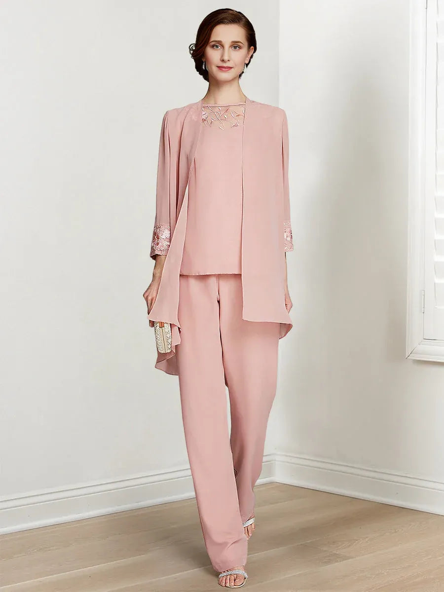 Tailleur-pantalon en mousseline à manches longues pour mère de la mariée avec veste 