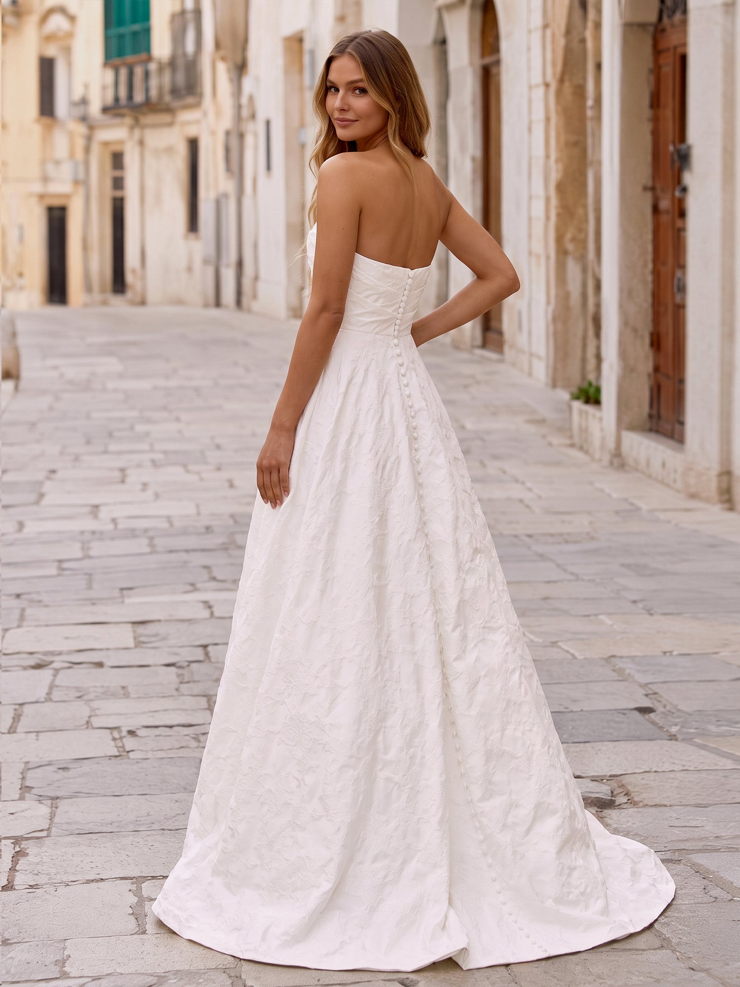 White Embossed Floral Strapless A-Line Wedding Bridal Gown