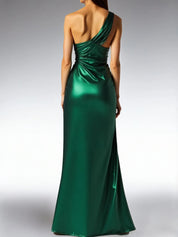 Formal Dress Emerald Green Metallic Satin One Shoulder Slit Maxi Dress