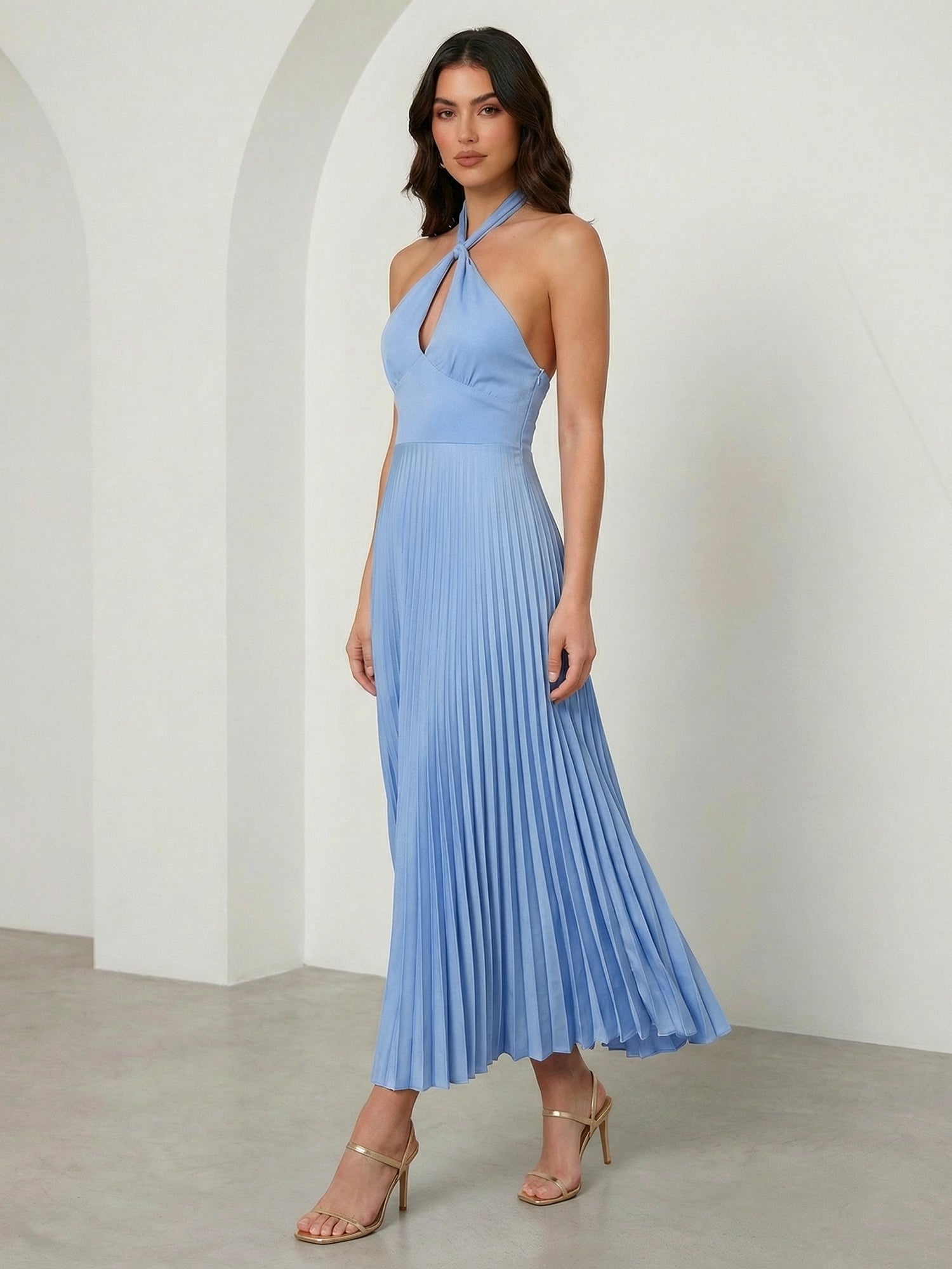 Light Blue Halter Neck Maxi Dresses with Pleat A Line Evening Dress