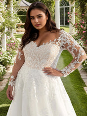 White Long Sleeves Wedding Dress Plus Size Applique V Neck Bridal Gown