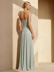 Strapless Maxi Dresses with Pleat A Line Backless Formal Dress for Women