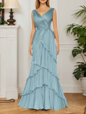Formal Tiered Layer Dress Blue Sleeveless Pleated V-Neck Maxi Gown