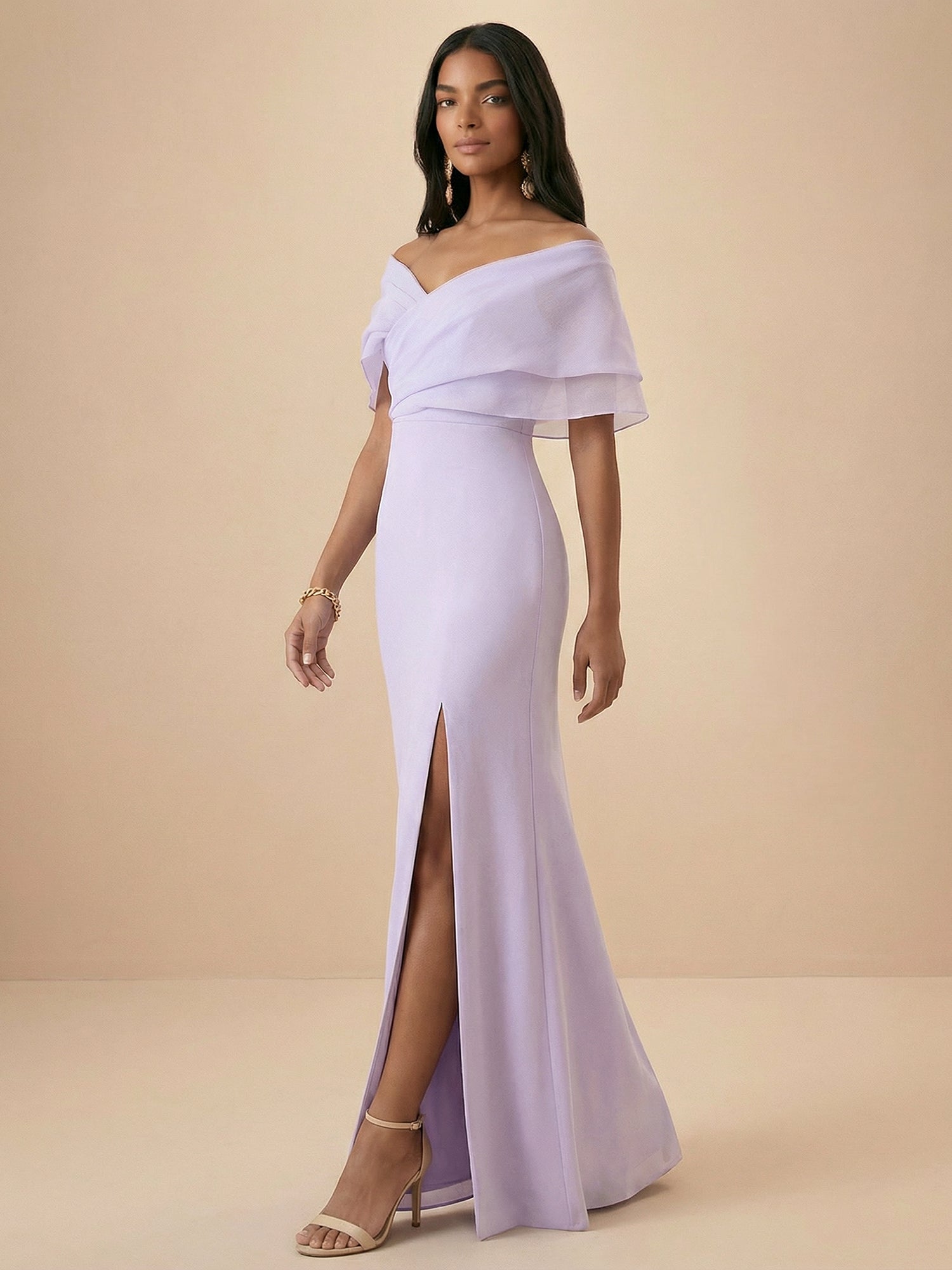Lilac Off-the-Shoulder Slit Evening Gown with Draped Maxi Dress
