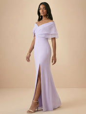 Lilac Off-the-Shoulder Slit Evening Gown with Draped Maxi Dress