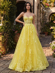 Yellow Strapless Floral Lace Appliques Corset Tulle Prom Dress