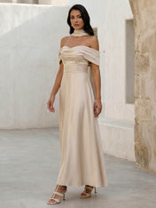 Champagne Off the Shoulder Satin Evening Dress with Scarf