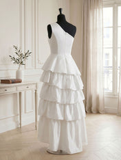 One Shoulder Tiered Ruffle Satin Mermaid Evening Gown with Sculptural Layers