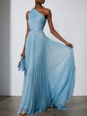 Light Blue Tulle One Shoulder Sleeveless A-Line Gown Dress