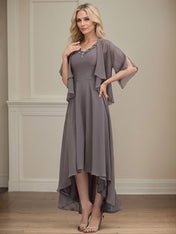A-line V-Neck Asymmetrical Chiffon Mother of the Bride Dress With Beading Sequins