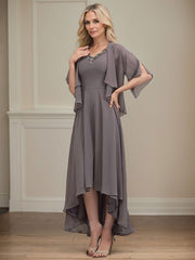 A-line V-Neck Asymmetrical Chiffon Mother of the Bride Dress With Beading Sequins