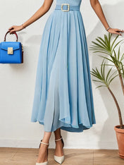 Light Blue Pleated Ruched Sweetheart Neckline A-Line Maxi Chiffon Dress