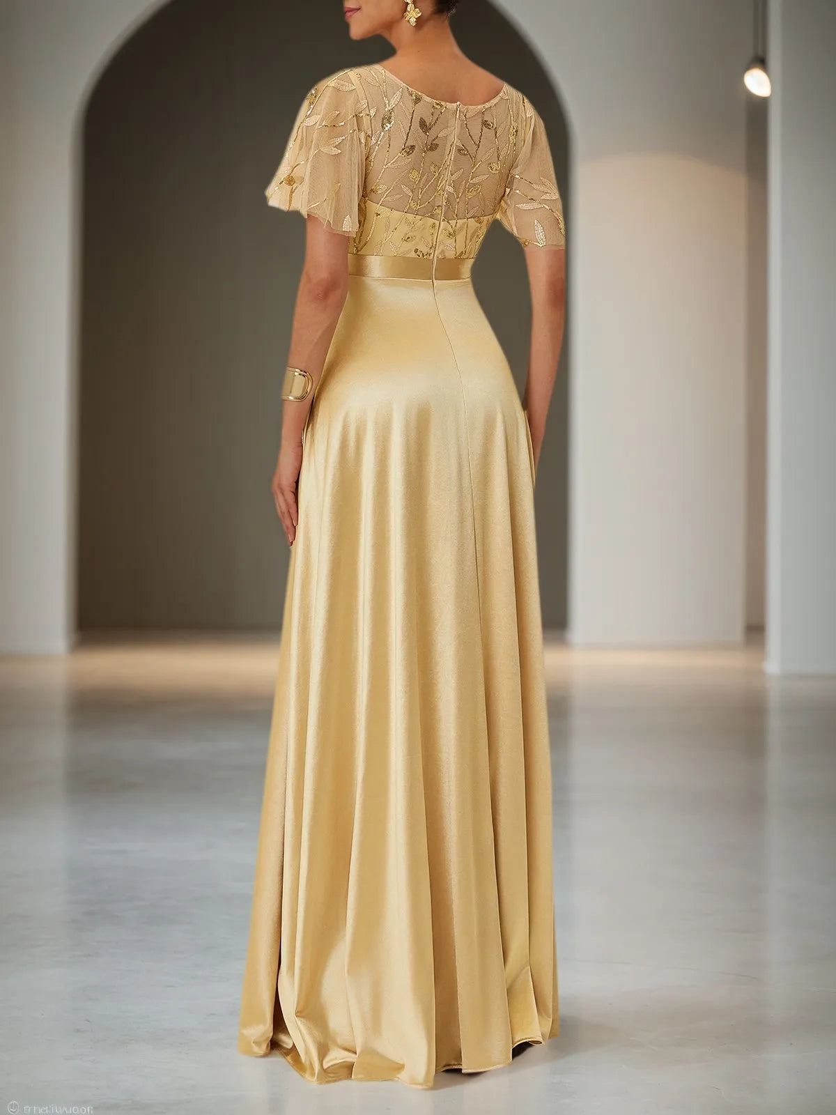Golden Sequin Satin Crew Neck Short Sleeve Bell Sleeve A-Line Gown Mother of the Bride or Groom Dress