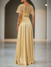 Golden Sequin Satin Crew Neck Short Sleeve Bell Sleeve A-Line Gown Mother of the Bride or Groom Dress
