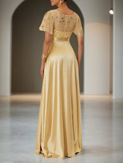Golden Sequin Satin Crew Neck Short Sleeve Bell Sleeve A-Line Gown Mother of the Bride or Groom Dress