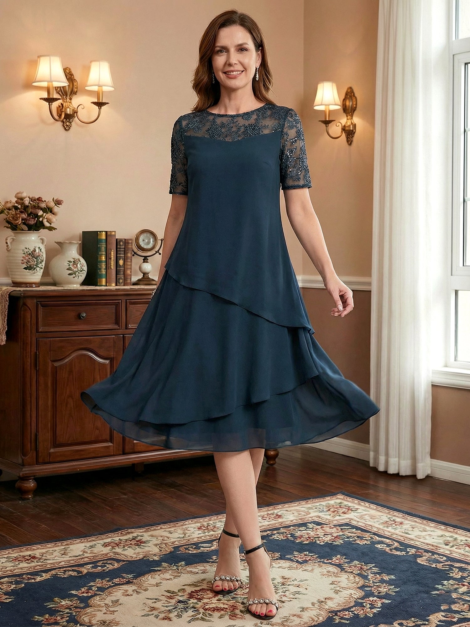 A-line Scoop Illusion Knee-Length Lace Chiffon Mother of the Bride Dress With Sequins