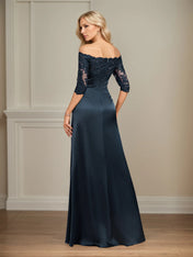 Sheath/Column Off the Shoulder Floor-Length Lace Stretch Satin Evening Dress With Pleated