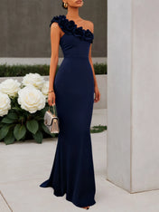 Navy Blue 3D Floral Classic One Shoulder Sleeveless Mermaid Gown Dress