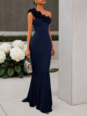 Navy Blue 3D Floral Classic One Shoulder Sleeveless Mermaid Gown Dress