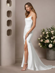 White Mermaid V-Neck Stretch Satin Wedding Dress