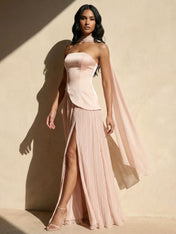 Strapless Satin Maxi Dresses with Scarf A Line Slit Evening Dress