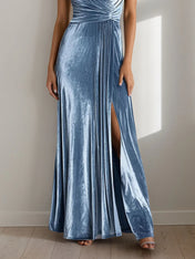 One Shoulder Ruched Maxi Holiday Party Dress with Slit