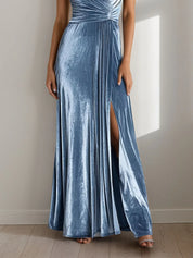 One Shoulder Ruched Maxi Holiday Party Dress with Slit