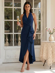Halter Wrap Bodice Asymmetric Ruffle Evening Gown