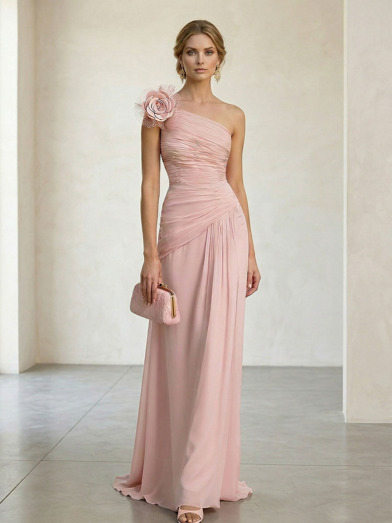 Blush Pink One-Shoulder Ruched 3D Floral Gown Dress