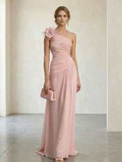 Blush Pink One-Shoulder Ruched 3D Floral Gown Dress