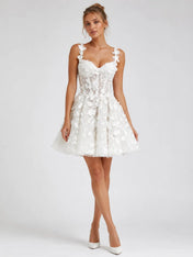 Elegant Floral Lace Strap Mini Wedding Dress with Illusion Corset Waist and Lace-Up Back