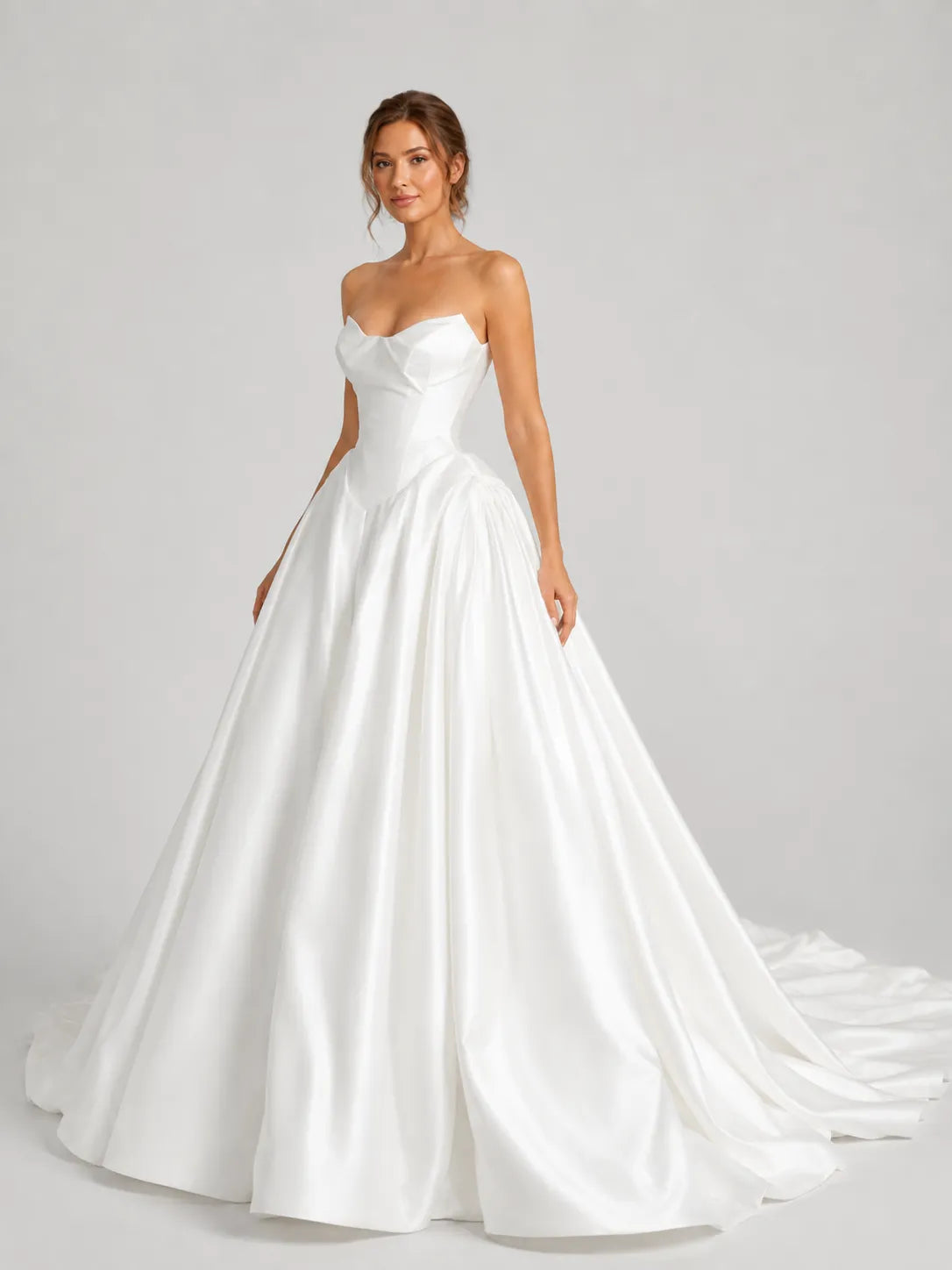 Elegant Strapless Satin Ball Gown Wedding Dress with Sculpted Bodice and Cathedral Train