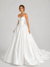Elegant Strapless Satin Ball Gown Wedding Dress with Sculpted Bodice and Cathedral Train