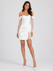Off-the-Shoulder Lace Long Sleeve Ruched Satin Mini Wedding Dress