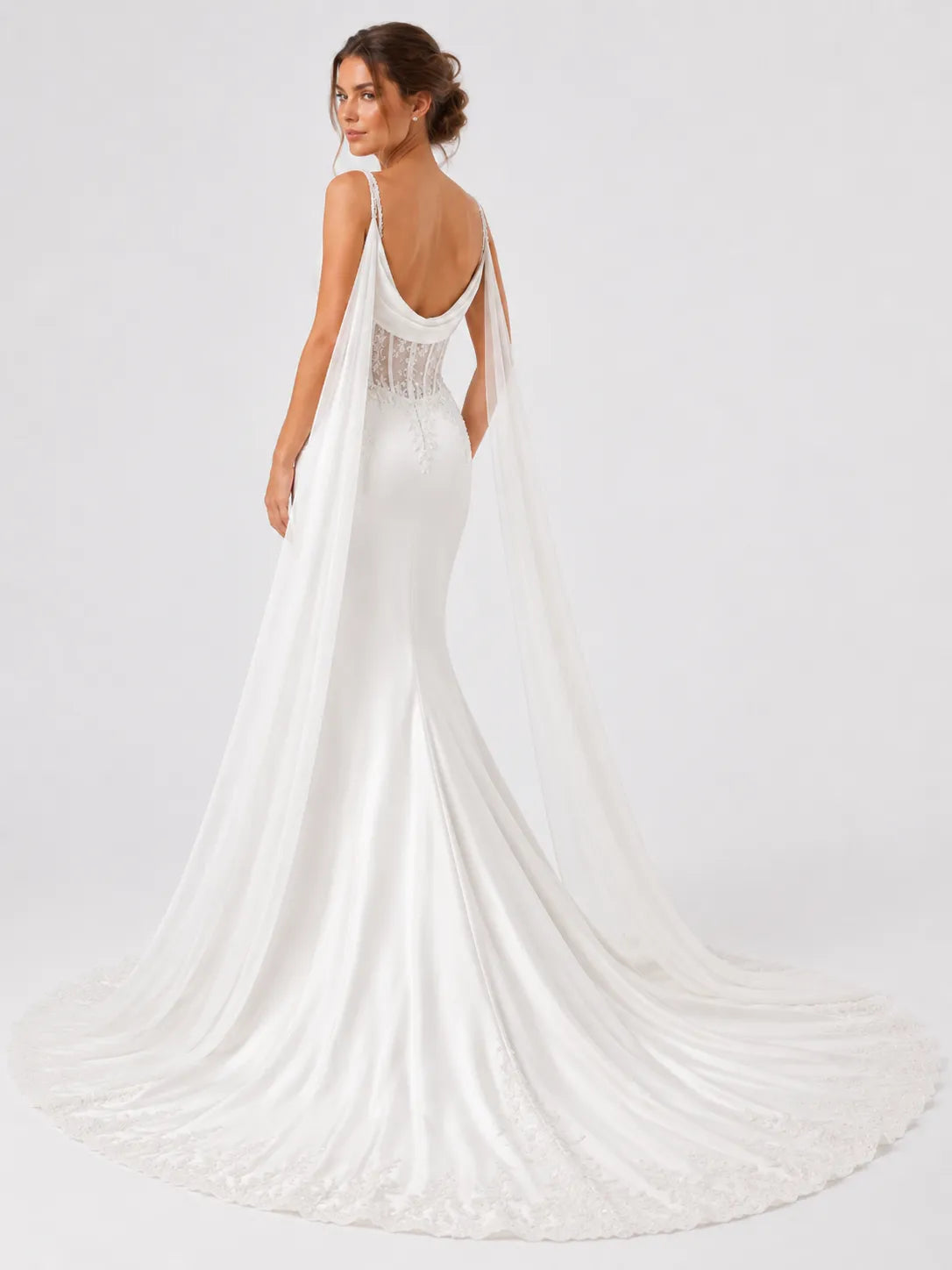 Elegant Spaghetti Strap Mermaid Wedding Dress with Draped Cowl Neck, Illusion Corset, Lace Appliqué and Chapel Train