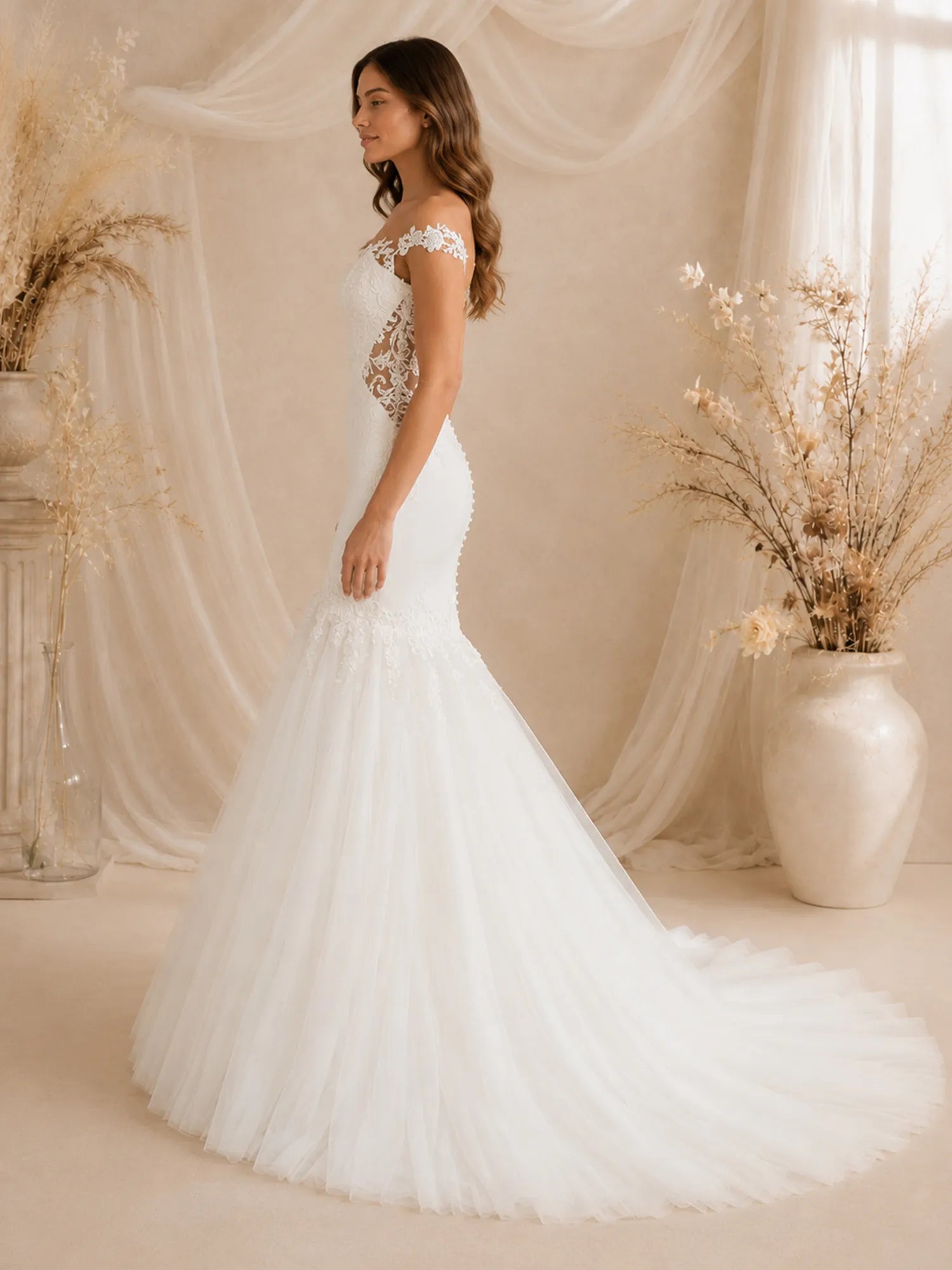 Elegant Off-The-Shoulder Mermaid White Lace Wedding Dress with Chapel Train