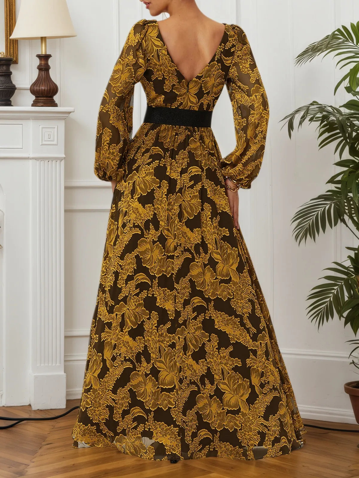 Golden Slit Floral Chiffon V Neck Long Sleeve Balloon Sleeve A-Line Gown Dress