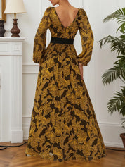 Golden Slit Floral Chiffon V Neck Long Sleeve Balloon Sleeve A-Line Gown Dress