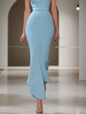 Light Blue Imitation Pearls Square Neck Short Sleeve Maxi Dress