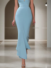 Light Blue Imitation Pearls Square Neck Short Sleeve Maxi Dress