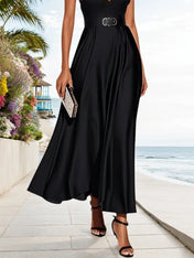 Black Lace Satin V Neck Short Sleeve A-Line Midi Dress