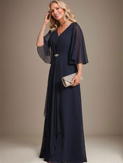 A-line V-Neck Floor-Length Chiffon Mother of the Bride Dress With Cascading Ruffles Crystal Brooch