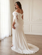 White Satin Off-the-Shoulder Bow Prom Dress