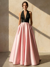 V Neck Satin Maxi Dresses for Women A Line Backless Evening Dress