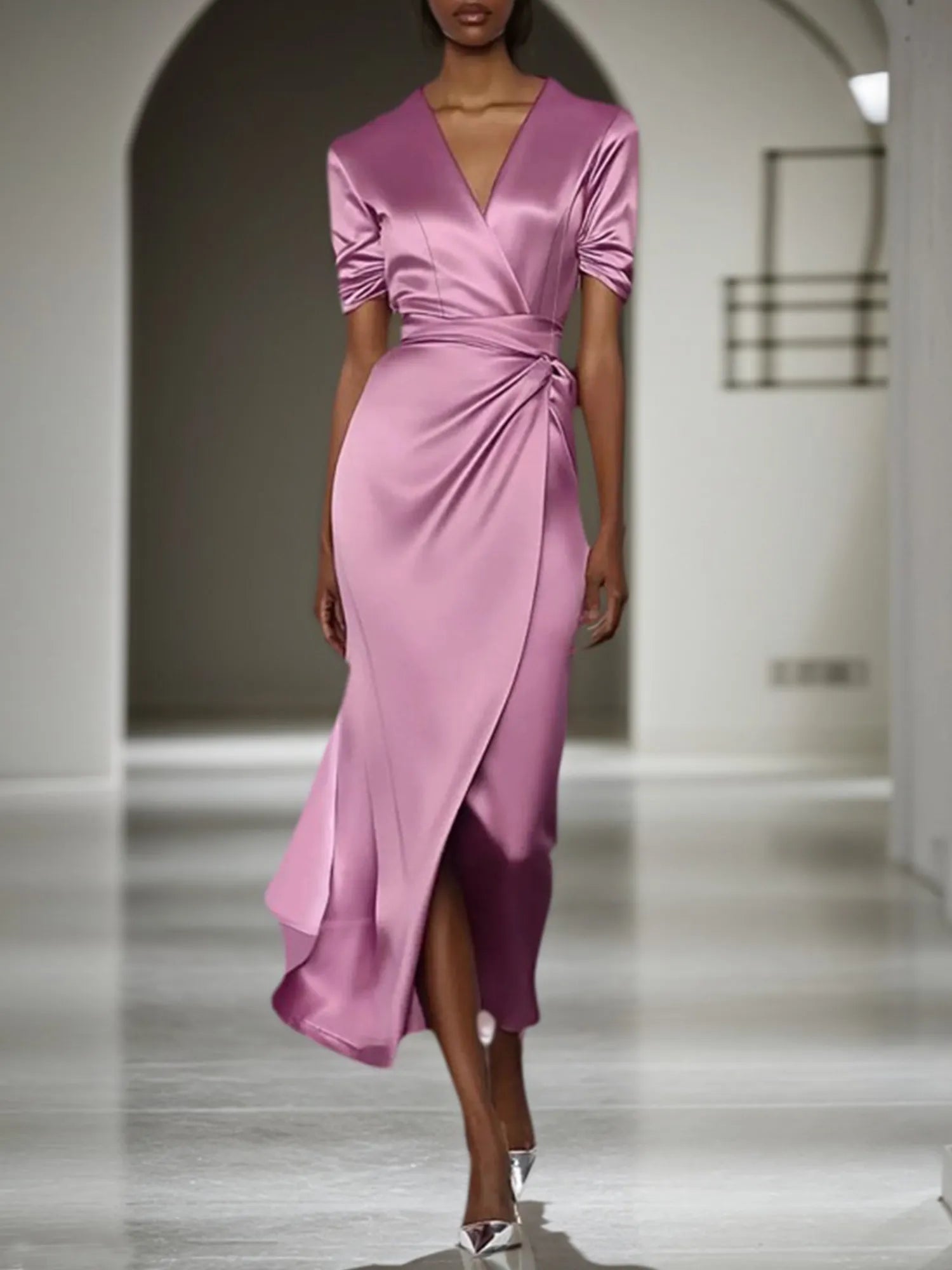 Fall Wedding Guest Dress Satin Green V-Neck Maxi Dress