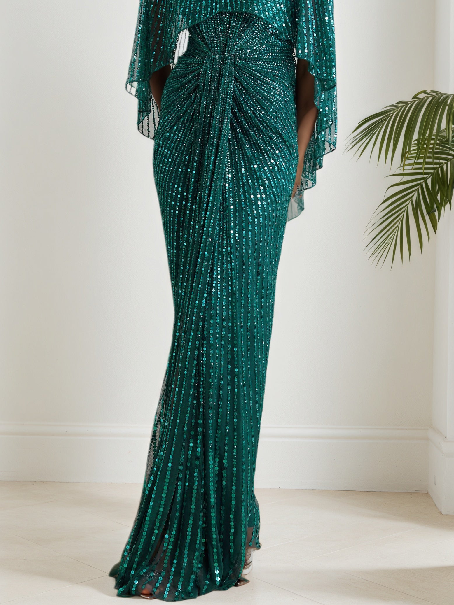 Green Sequin Dolman Sleeve Sheath Maxi Dress