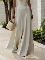 White V Neck Sleeveless A Line Floor Length Satin Dress