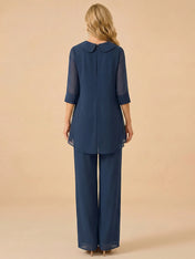 Scoop Neck 3/4 Sleeve Pleated Chiffon Mother of the Bride Pantsuit