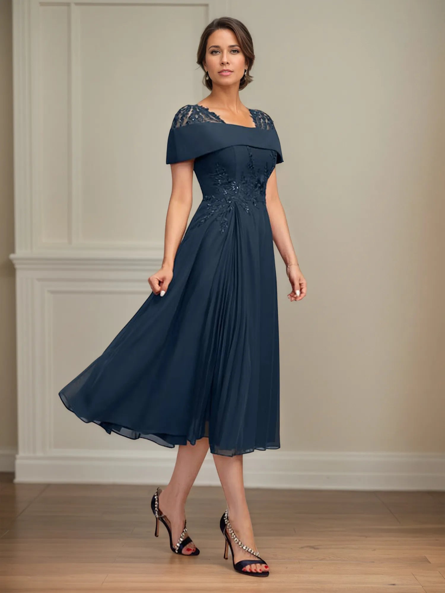A Line Square Neck Tea Length Chiffon Mother of the Bride Dress With Pleated Sequins