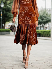 Caramel Mesh Velvet Crew Neck Long Sleeve Balloon Sleeve Mermaid Midi Dress
